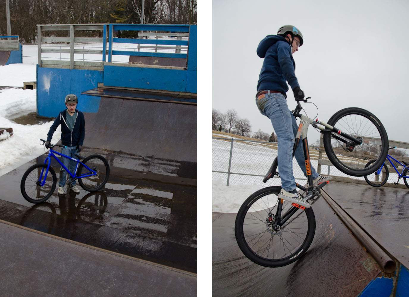 Anthony riding his bike in a wet metal half-pipe